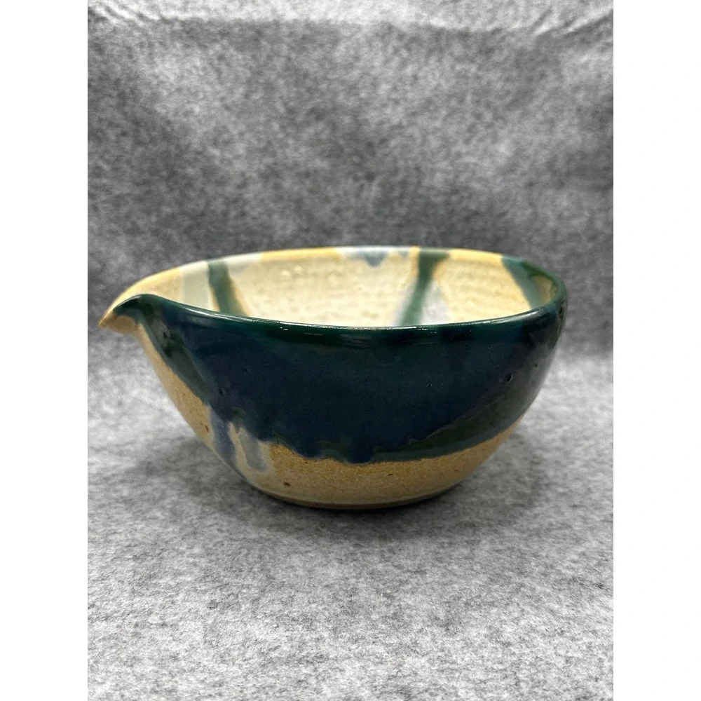 Handmade Studio Pottery Batter Bowl Green Blue Drip Glaze Signed Spout Handle